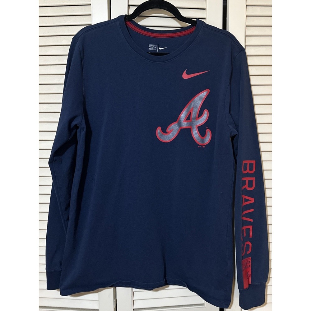 Nike Men's L Blue/Red Atlanta Braves Long Sleeve Cotton‎